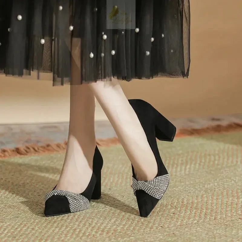 Chunky Heel Pointed Toe Black Rhinestone High Heel Women's Work Shoes Plus Size Pumps LADYLYS