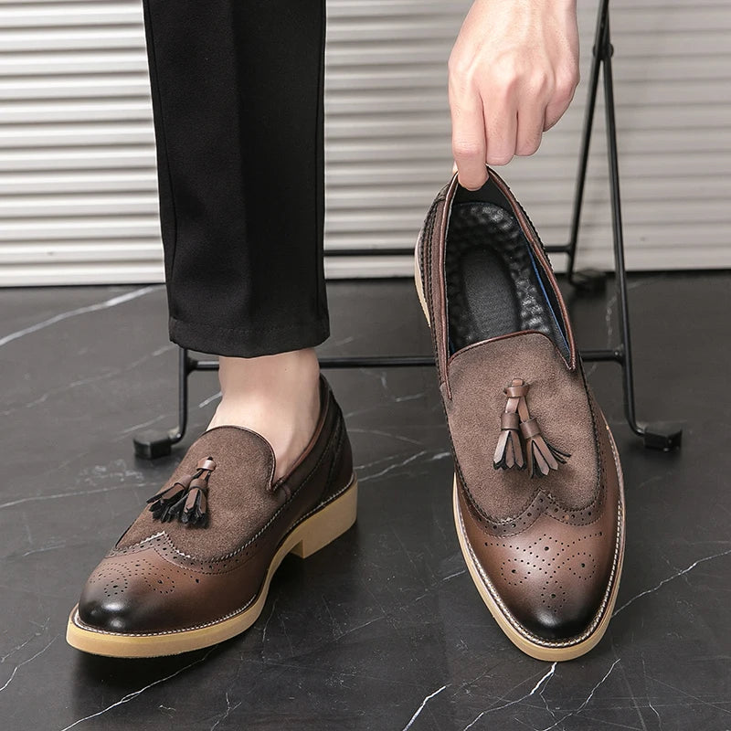 Chaussures Derby en cuir à pompon pour hommes, chaussures noires à enfiler, solides