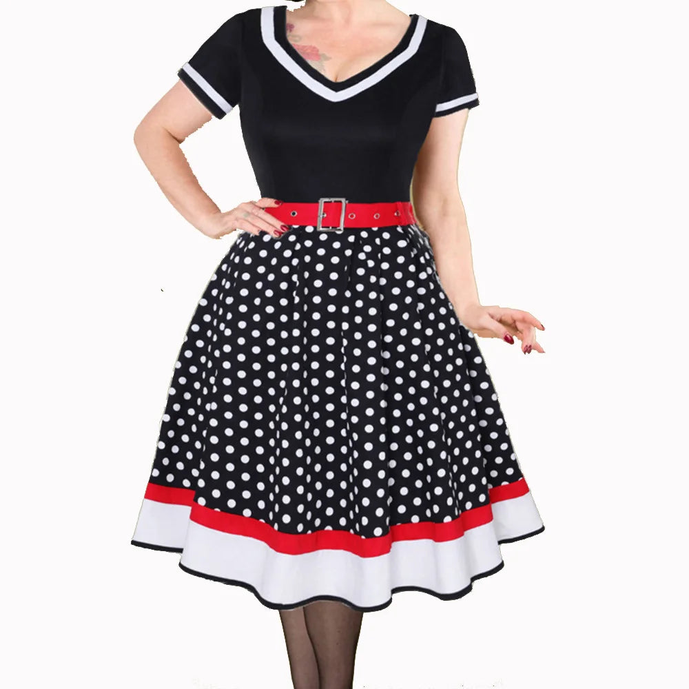 Robe d'été à pois pour femmes, Style Hepburn, col en v, manches courtes, Pinup, Vintage, Rockabilly