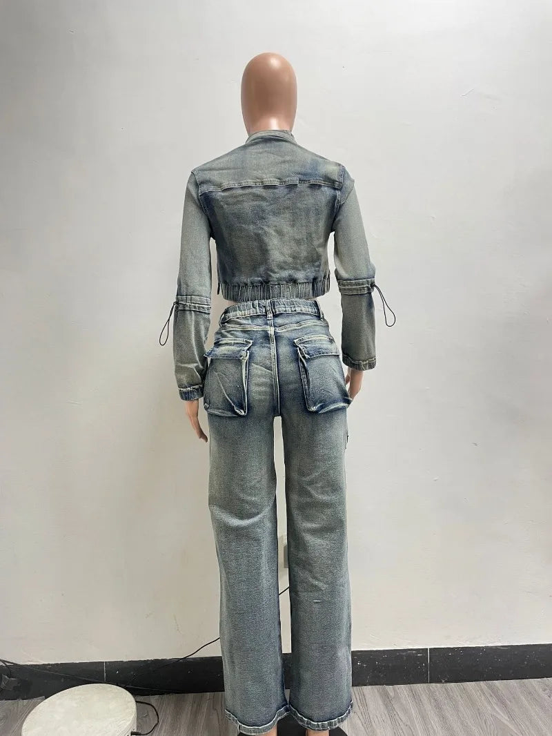 Ensemble 2 pièces en jean à poches multiples pour femmes, veste à manches longues avec fermeture éclair, haut court + pantalon cargo