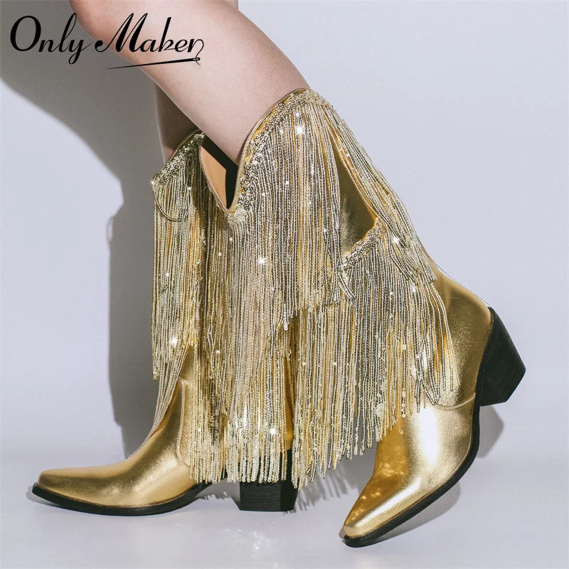 Onlymaker bout pointu mi-mollet frange métallique Cowboy bottes de luxe