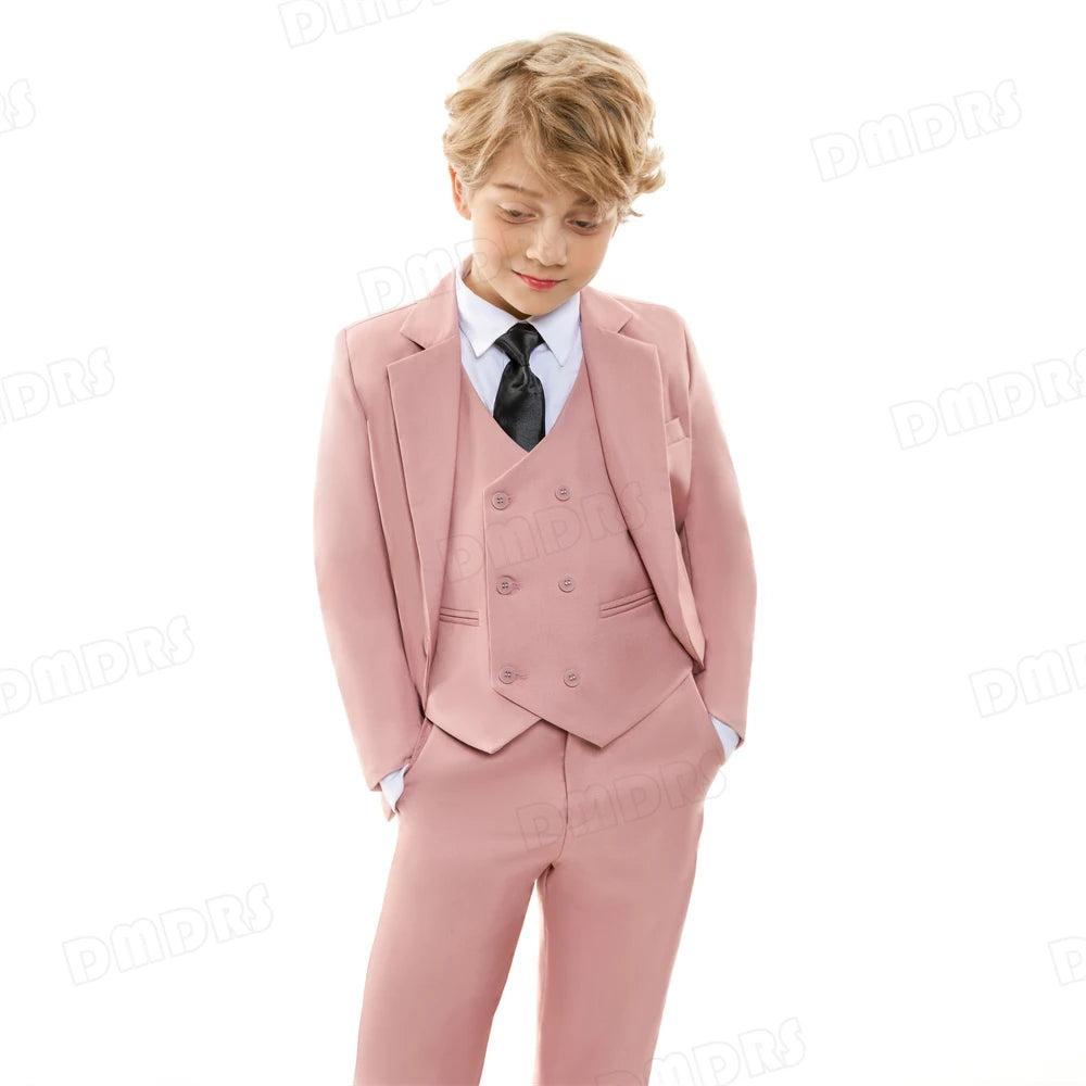 Ensemble de costume formel pour garçon solide, smoking chic pour enfants avec fermeture à un bouton, 4 pièces (veste + gilet + pantalon + cravate)