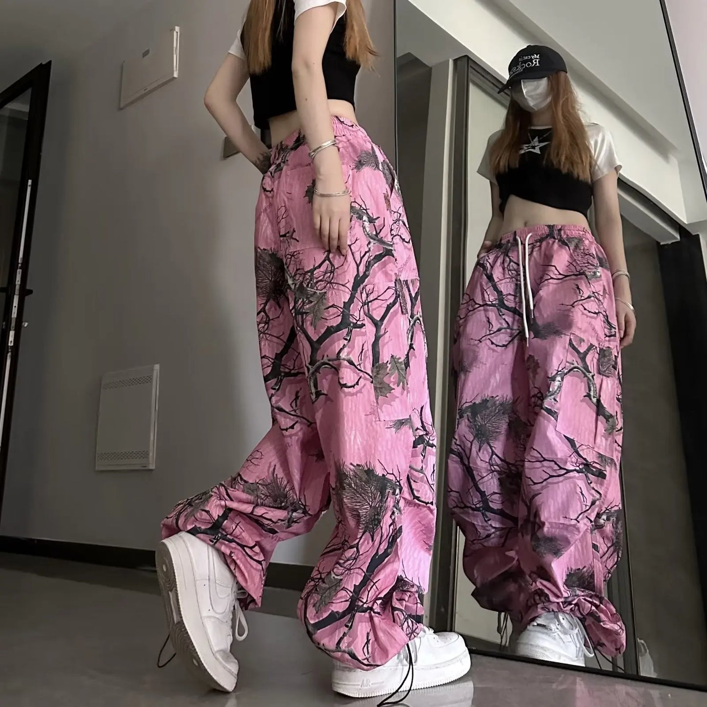 Pantalon décontracté à imprimé graffiti rose 2k pour femme, pantalon large et amusant, taille haute