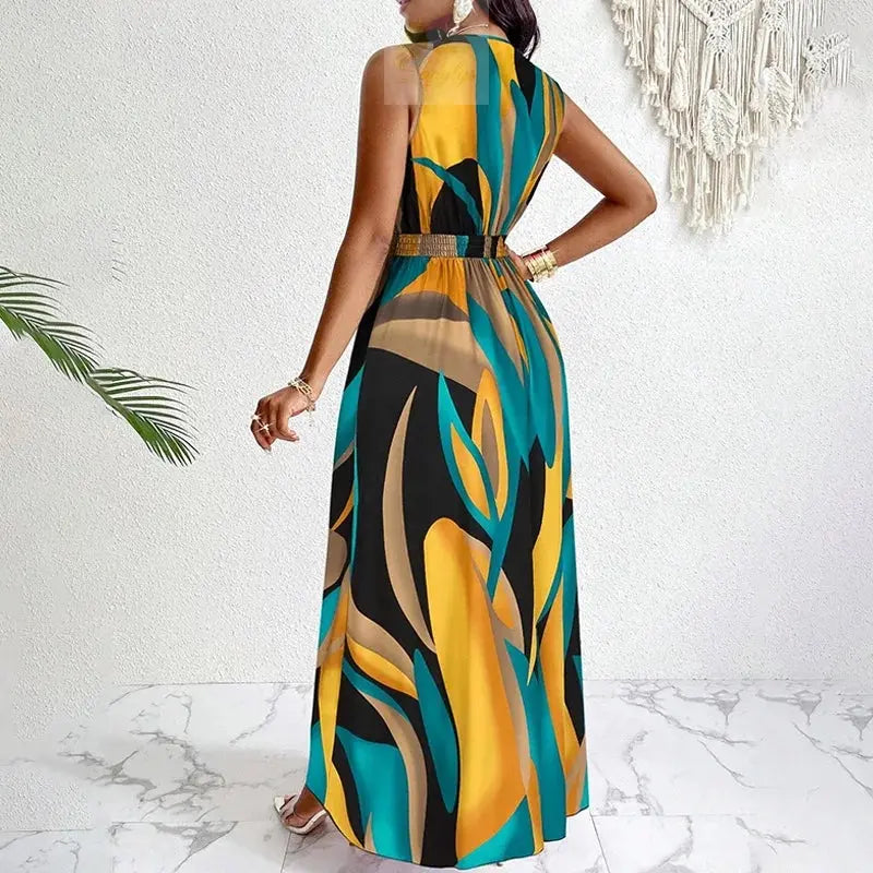 Temperament Printed Waist Cinching Dress, Summer V-neck Elegant LADYLYS