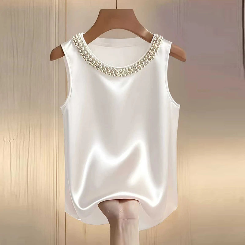 Elegant Satin Shirt Women Summer Bead Design Silk Blouse Women T-Shirts Fashion Loose Vest Women Tank Tops Fashion Lady Tee LADYLYS