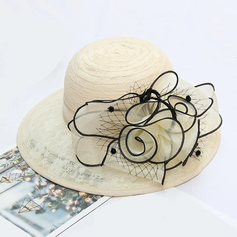 Chapeau fascinators élégant, fleurs en dentelle, seau à large bord, Kentucky Derby pliable