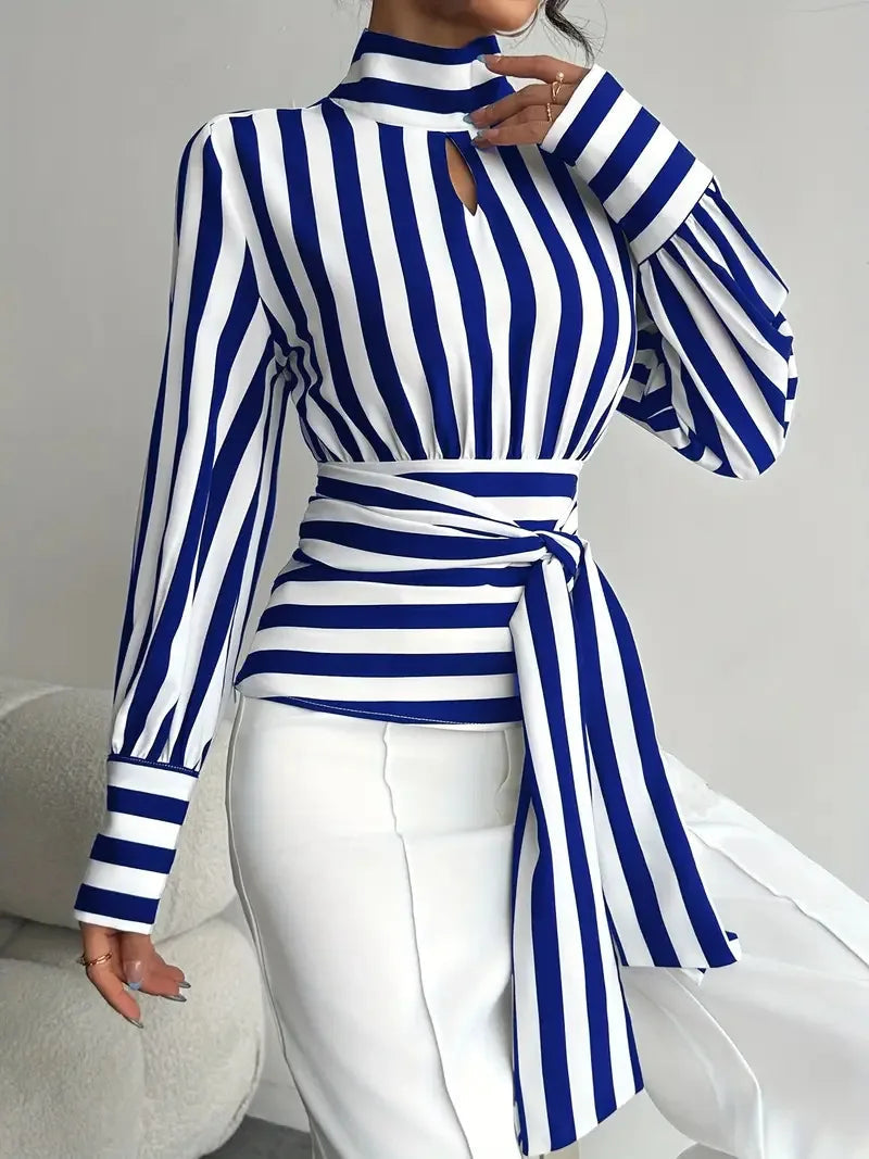 Fashion Trendy Women Black White Contrast Striped Shirt Autumn New Retro Scarf Collar Long-sleeved Elegant Female Pullover Shirt LADYLYS