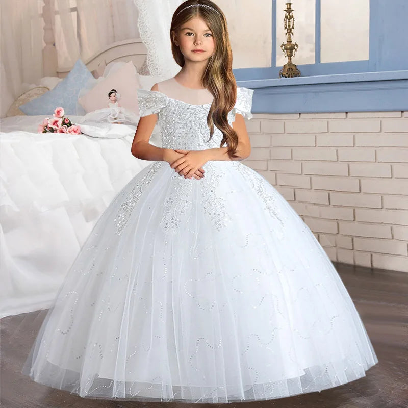 Robe de mariée à fleurs pour filles, tenue longue de princesse en Tulle pour enfants