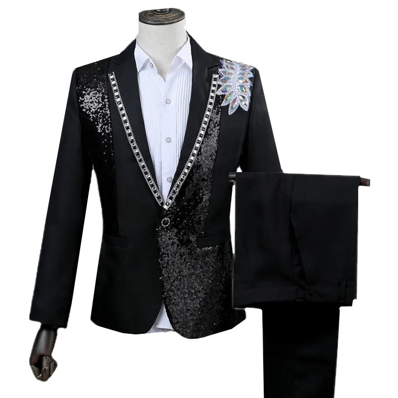 Ensemble 2 pièces pour homme, nouvelle mode, robe de soirée à paillettes, costume noir/blanc