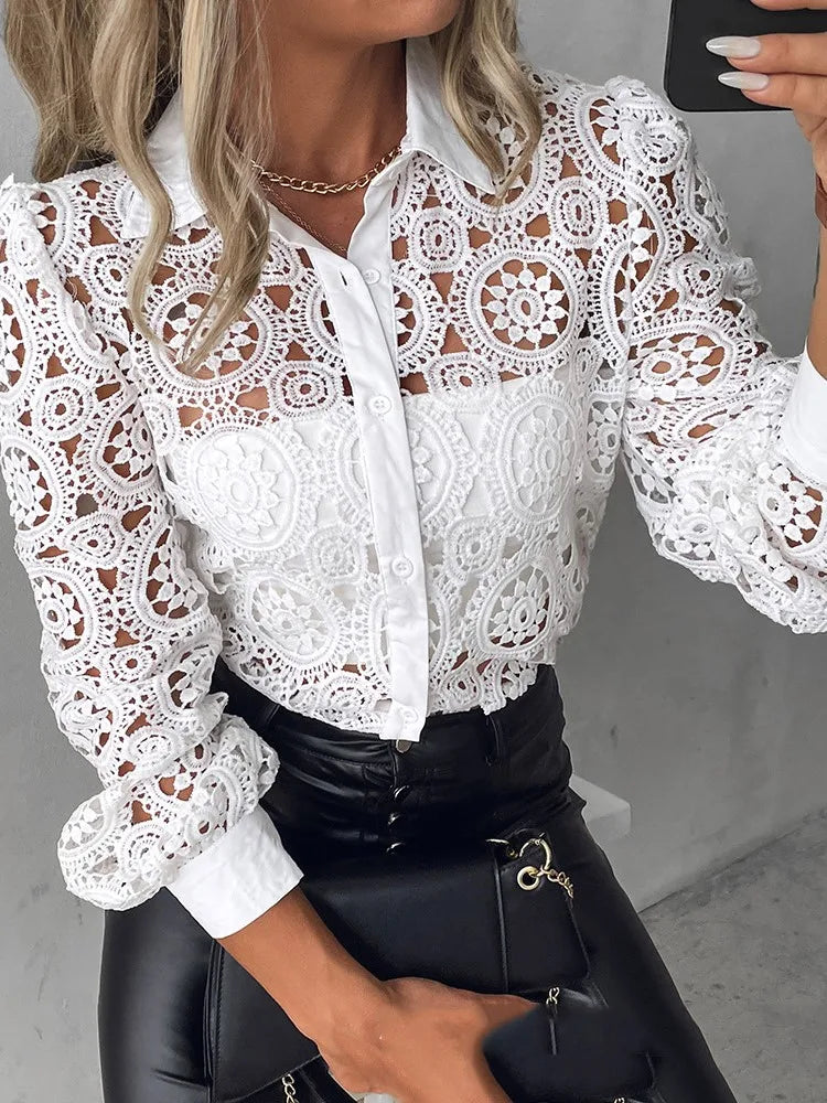 Lace Blouses Elegant Office White Shirt Long Sleeve Button Turn-down Collar Sexy
