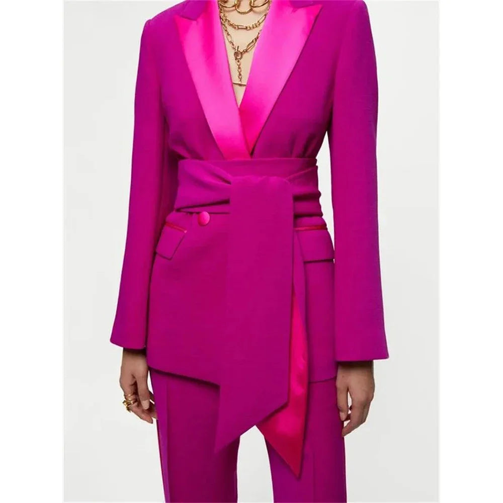 Costume rose pour femmes, deux pièces (veste + pantalon), robe de soirée de bal à Double boutonnage