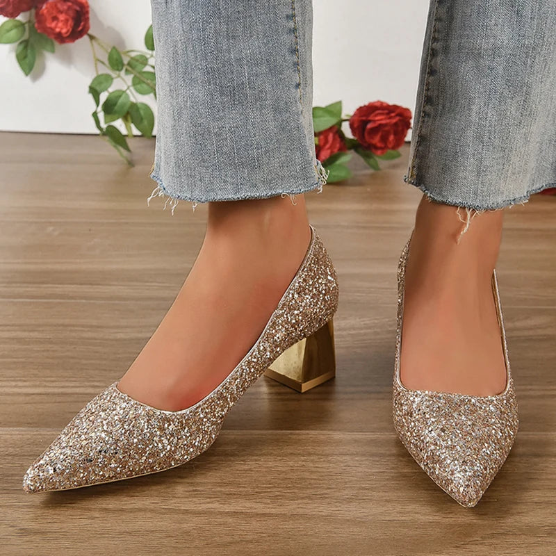 Lucyever Escarpins à bout pointu à paillettes brillantes pour femmes, chaussures à talons hauts épais grande taille 42