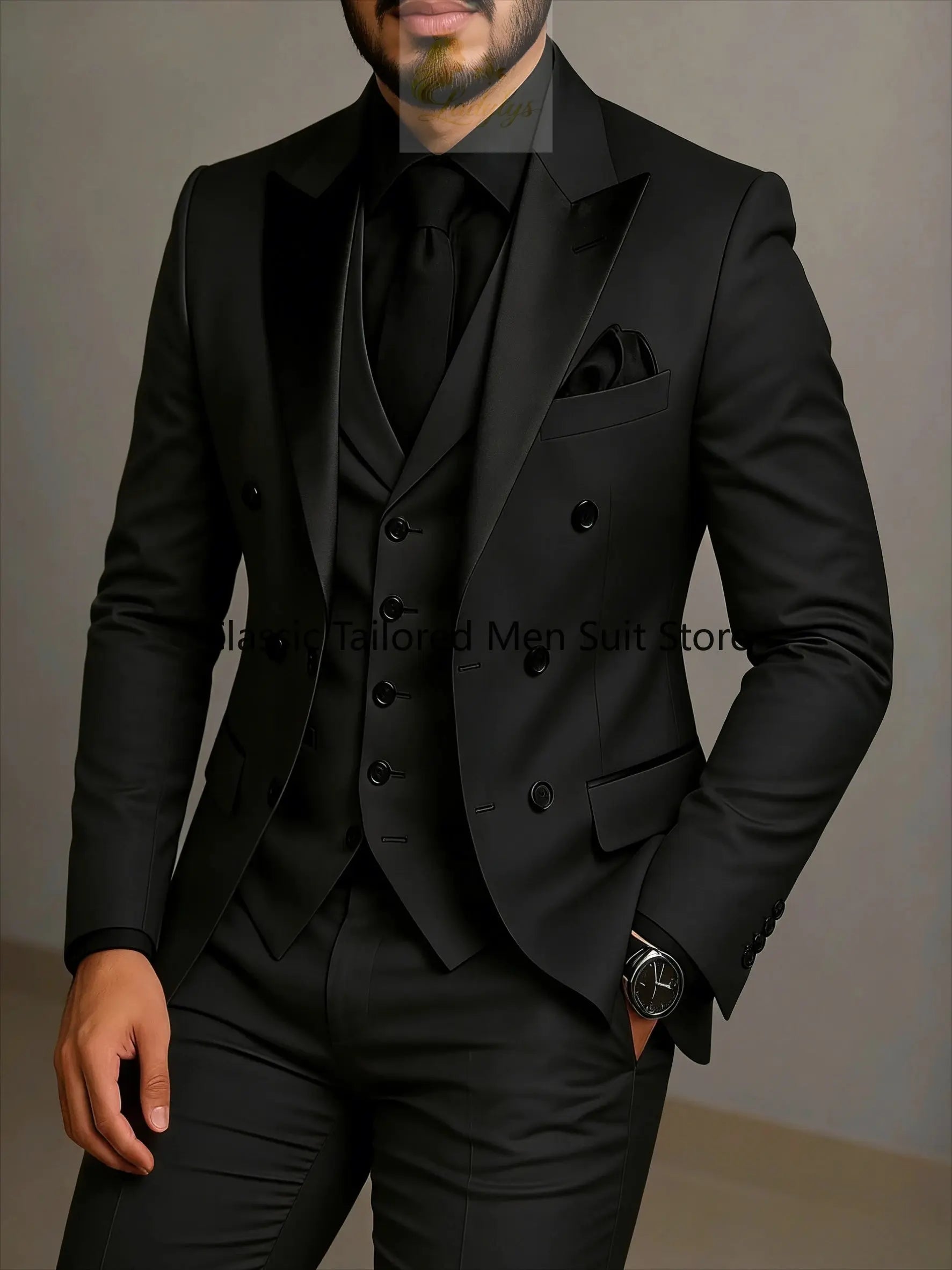 Beige Double Breasted Black Lapel  Slim Fit Wedding Suit LADYLYS