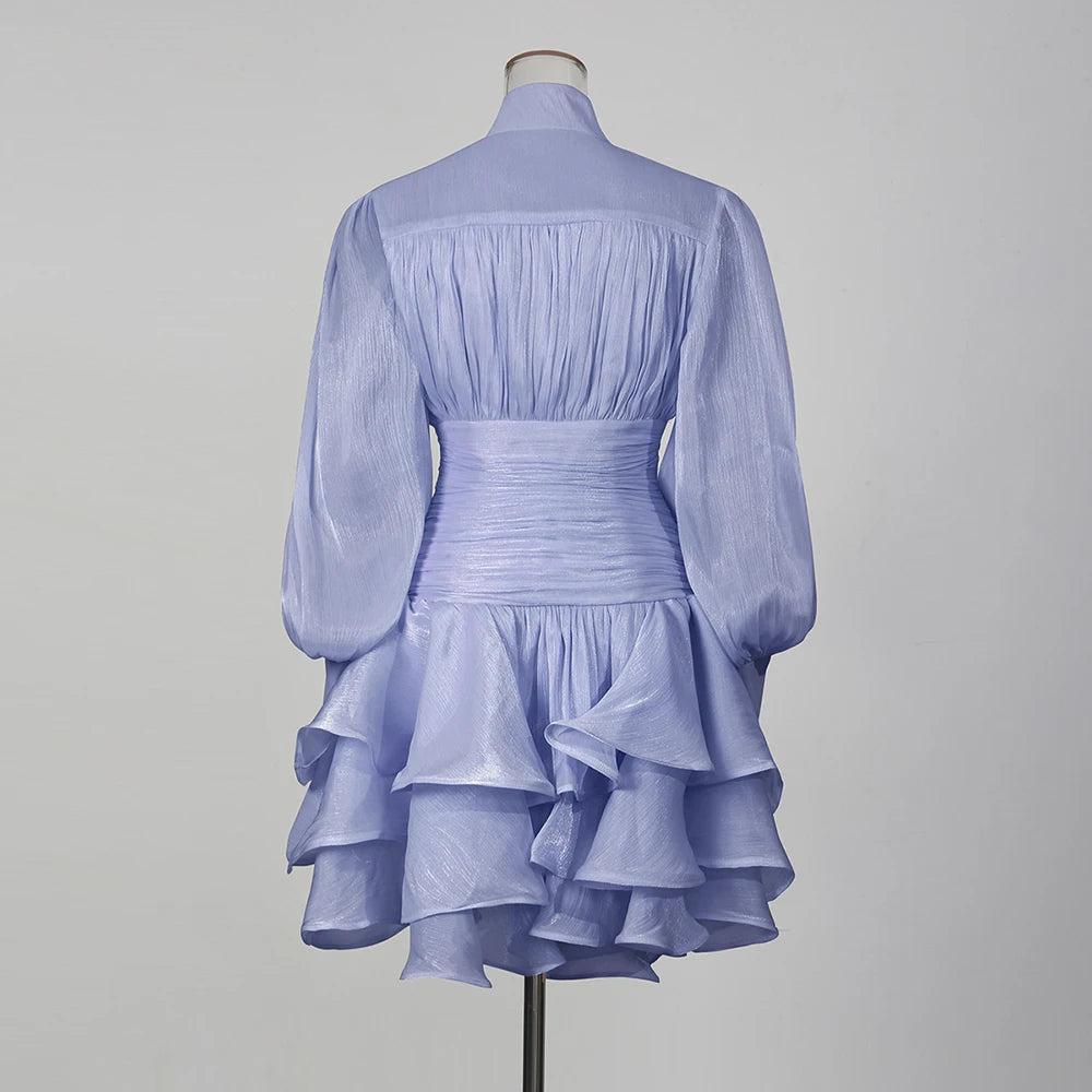 Solid Spliced Ruffles Dress Female Stand Collar Long Sleeve Loose French Elegant LADYLYS