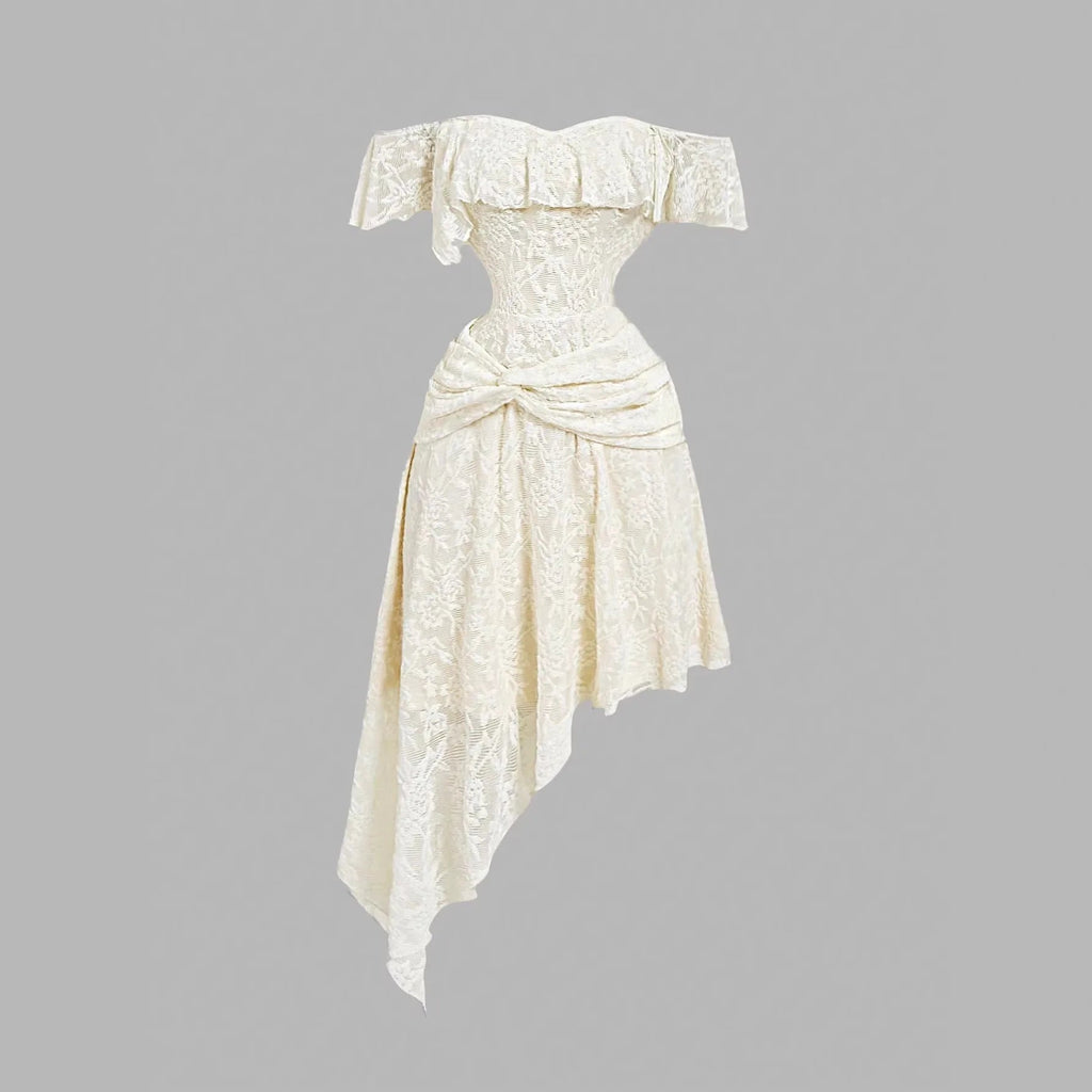 Elegant Lace One-Shoulder Midi Classy Asymmetrical Dress LADYLYS