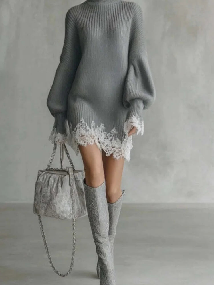 Solid Lace Trim Knitted Mini Dress Women Casual Patchwork Lantern Sleeve Turtleneck Loose Dresses