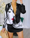 Sexy Deep V Neck Shirt, mini  Dress Office Lady Casual Loose Long Sleeve Letter Print