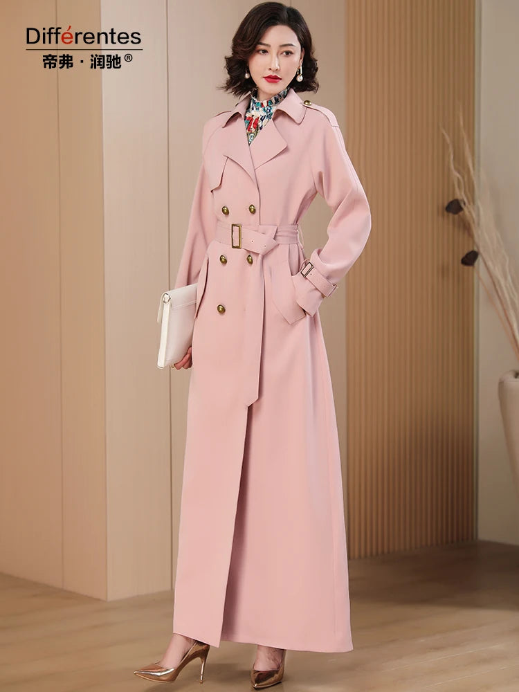 Trench Femmes Hiver Rose Manteau X-Long Veste Double Boutonnage Col Rabattu Ourlet avec Ceinture