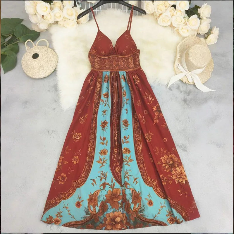 Sexy Spaghetti Strap Long  Summer Fashion Floral Print Maxi Dresses Elegant LADYLYS