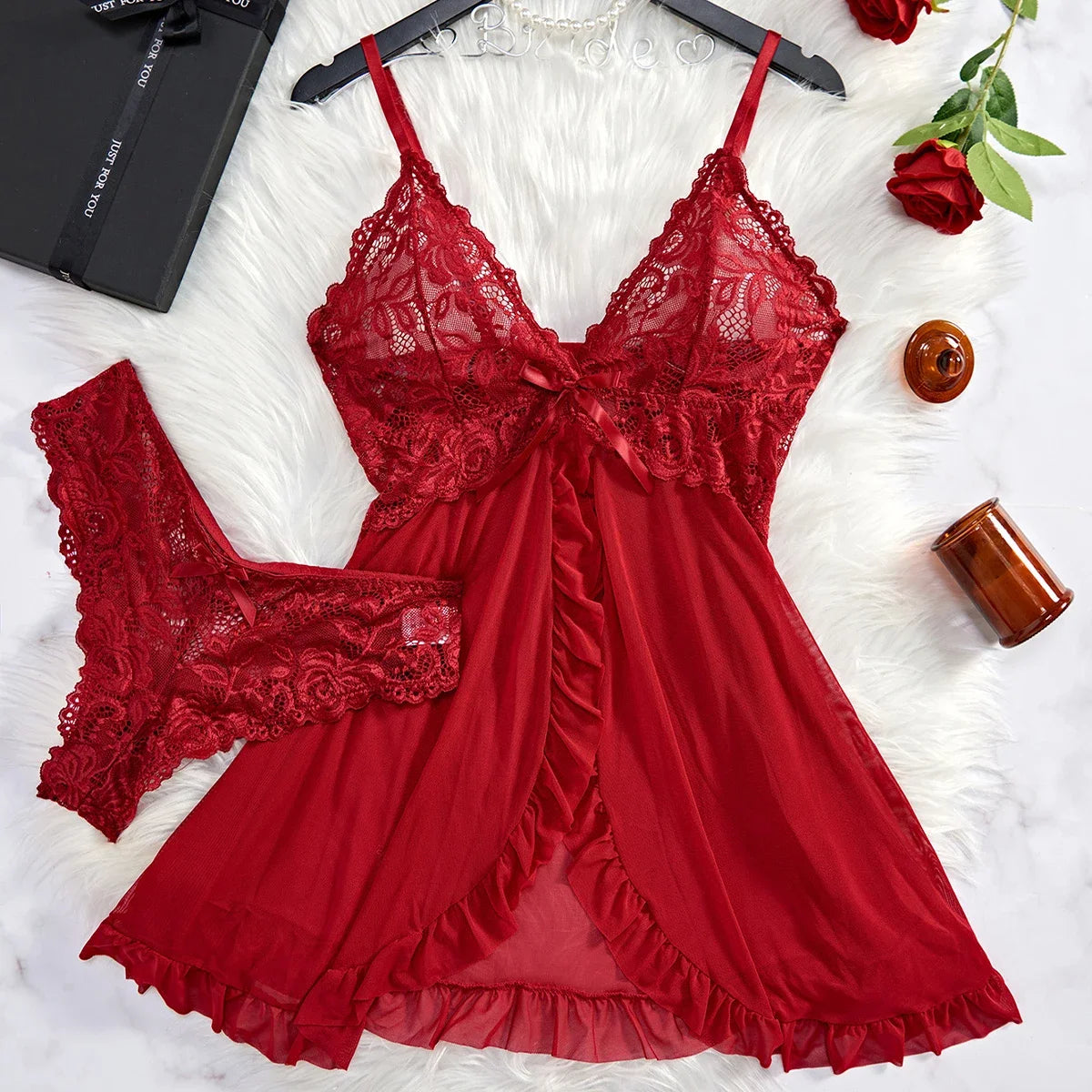 Sexy Contrast Lace and Mesh Ruffle Babydoll Sexy V-neck Open Bra Sleep Skirt Nighties LADYLYS