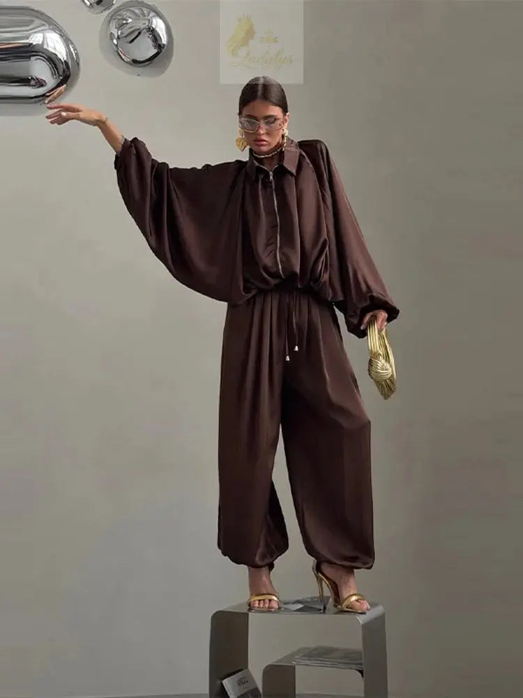 Casual Loose Pleated Shirt Pants Suit Women Solid Full Lantern Sleeve Zipper Shirts Wide Leg LADYLYS