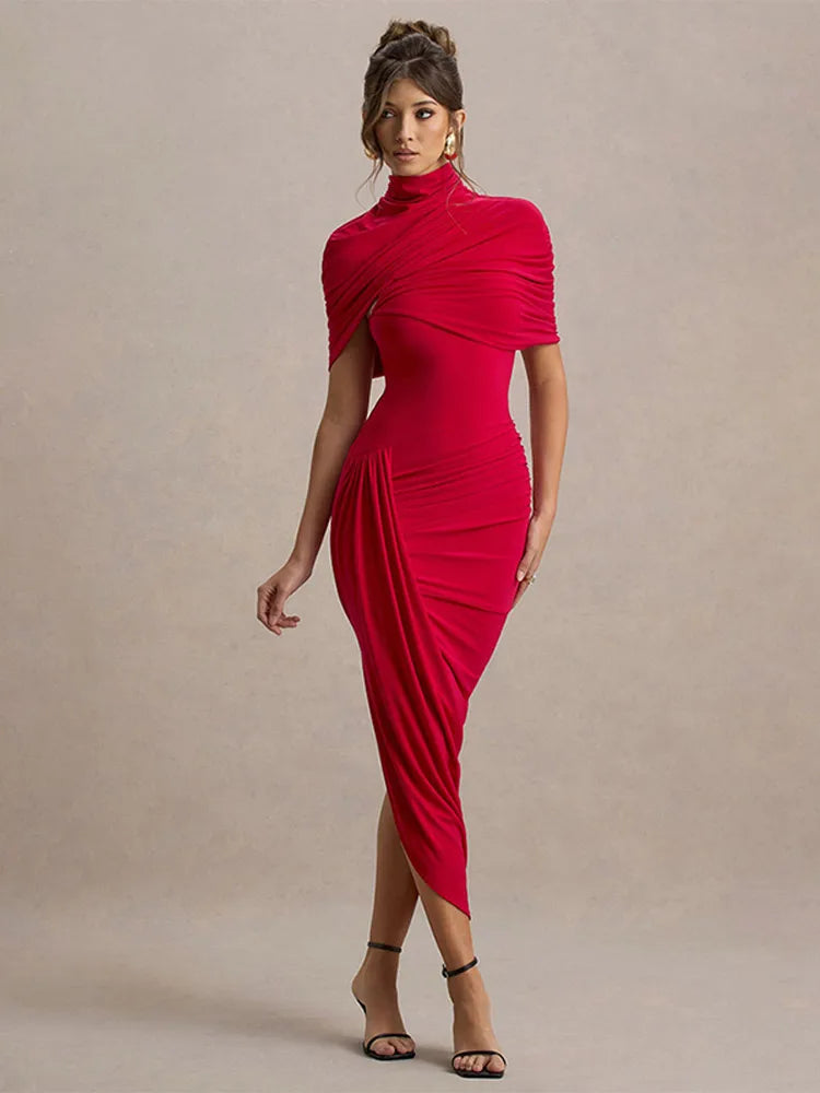 Irregular Shawl Blue Maxi Dress Women's Fashion Turtleneck Slim Fit Pleated LADYLYS