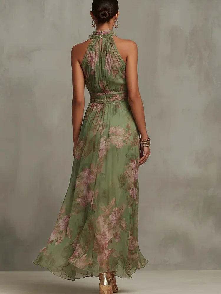 Sleeveless High Neck Ruched Waist Chiffon Flowy Evening Party Dress LADYLYS