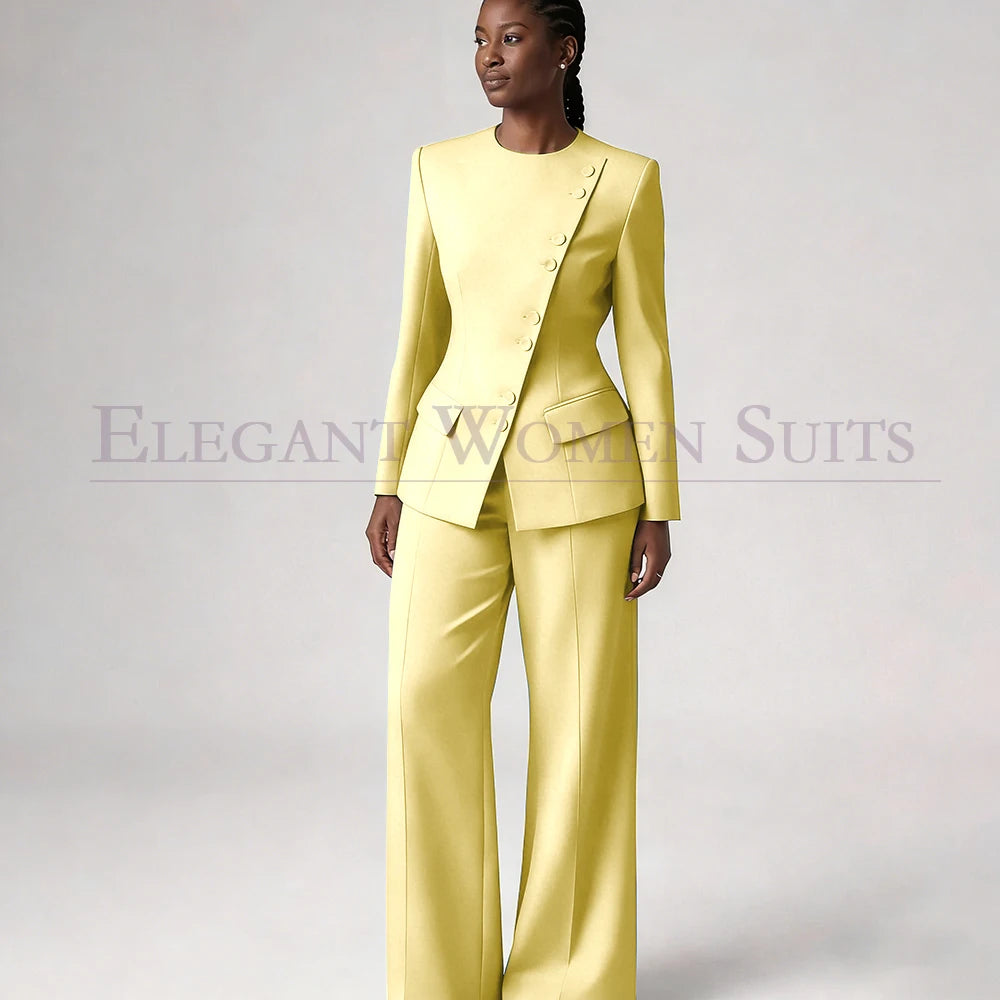 Single Breasted Women's Suits Blazer Luxury O-neck Regular Length 2 Piece LADYLYS