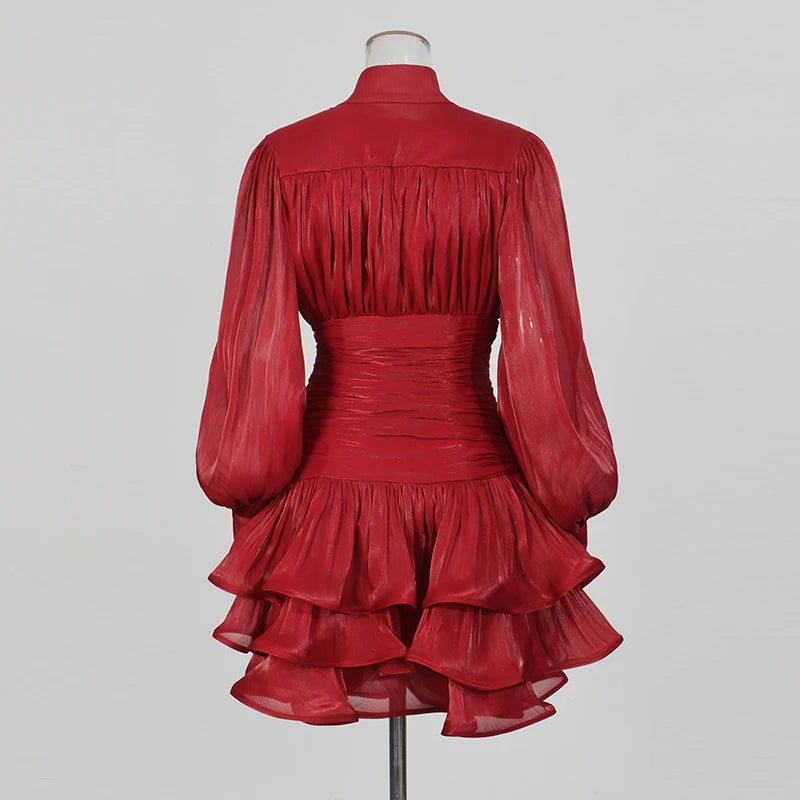 Solid Spliced Ruffles Dress Female Stand Collar Long Sleeve Loose French Elegant LADYLYS