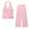 Summer Two Tone Halter Blazer Vest & Matching Wide Leg Pants Set LADYLYS