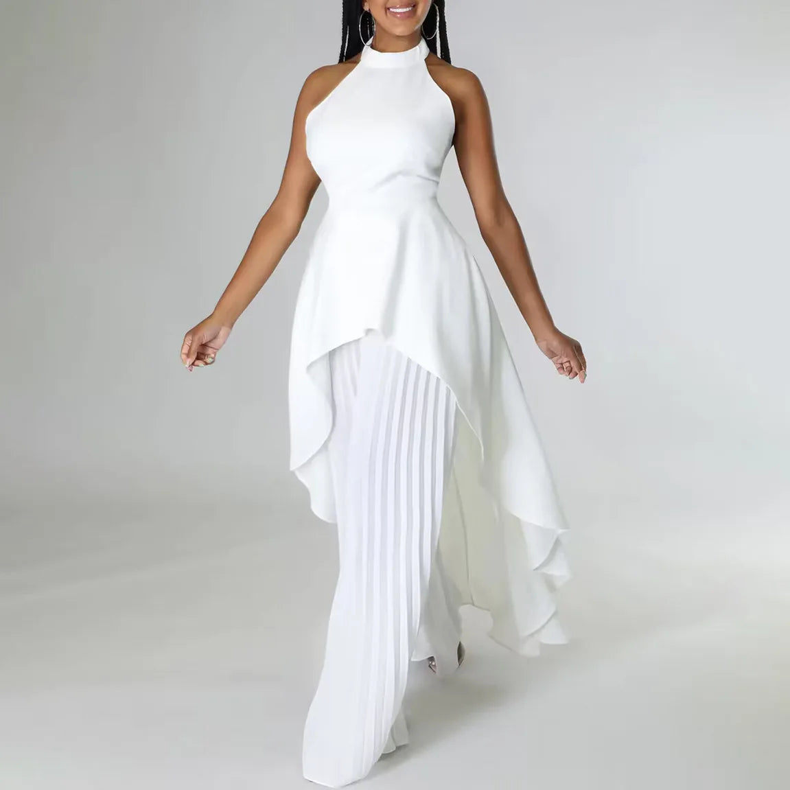 Elegant Tow Piece Set Women Outfit Backless Top Hundred Pleated Wide Leg Pants LADYLYS