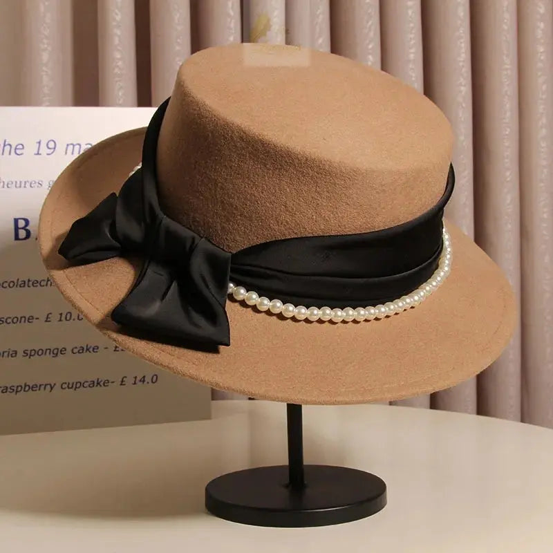French Light Luxury Pearl Bow  Felt Flat Top Formal Hat Elegant LADYLYS