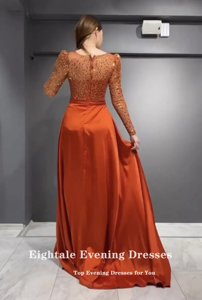 Robe de soirée scintillante Eightale Orange Rouge Brillant Luxe Manches Longues Satin Sirène