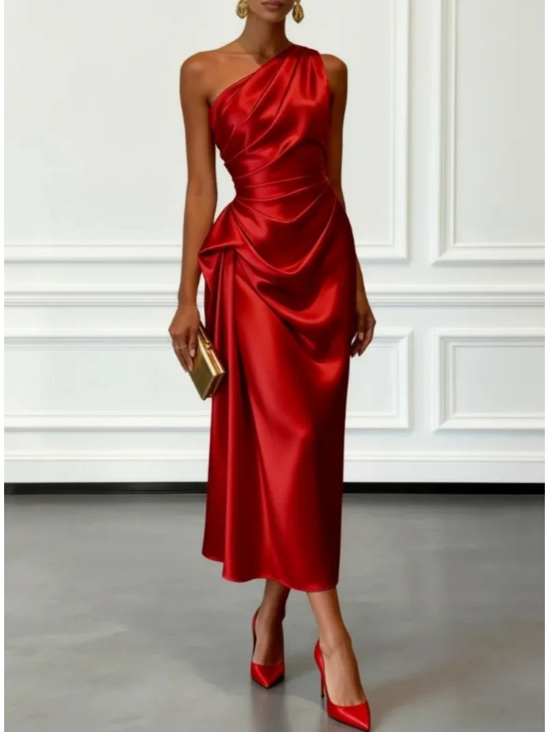 One Shoulder Satin Midi Dress With Ruched Waist Elegant LADYLYS