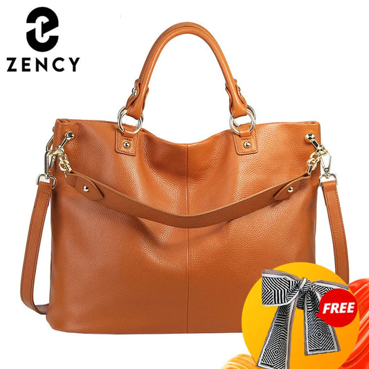 Zency 100% cuir véritable gris sac à main marron femmes décontracté fourre-tout grande capacité