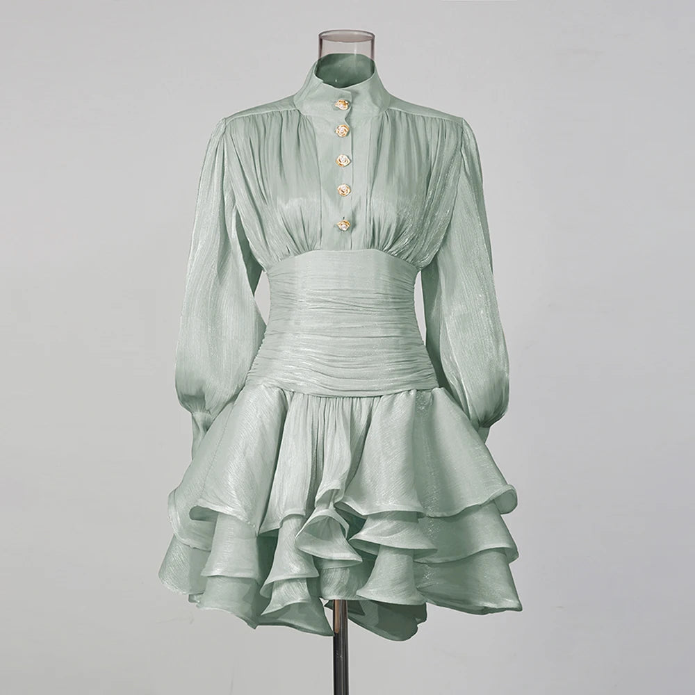Solid Spliced Ruffles Dress Female Stand Collar Long Sleeve Loose French Elegant LADYLYS