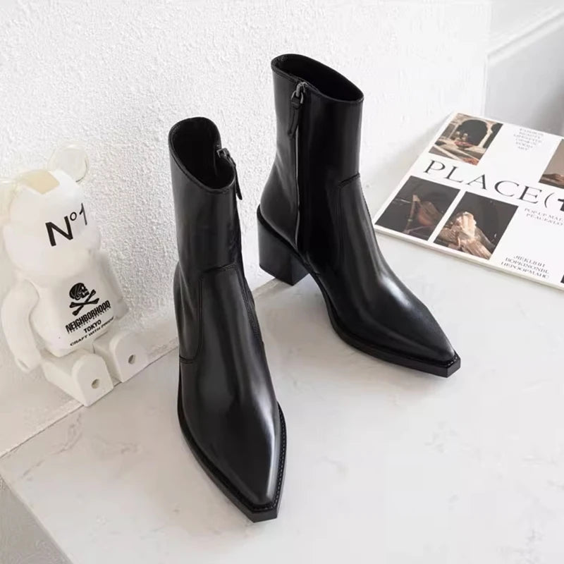 Bottes courtes élégant bout pointu, chaussures femme en cuir véritable