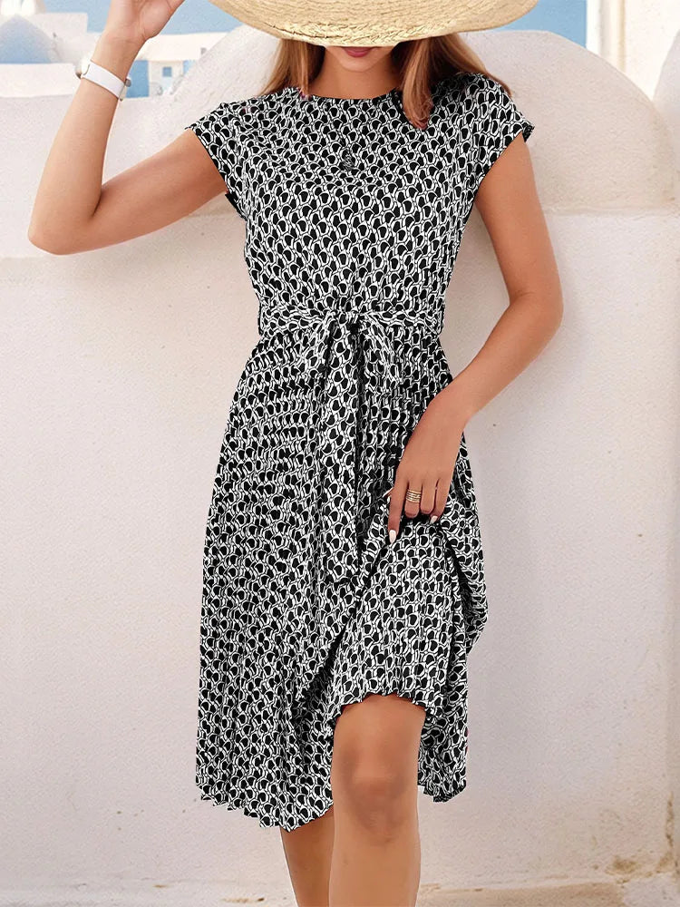 Spring Summer O Neck Pleated Medium Long Dress Fashion Print Lace-up Dress LADYLYS
