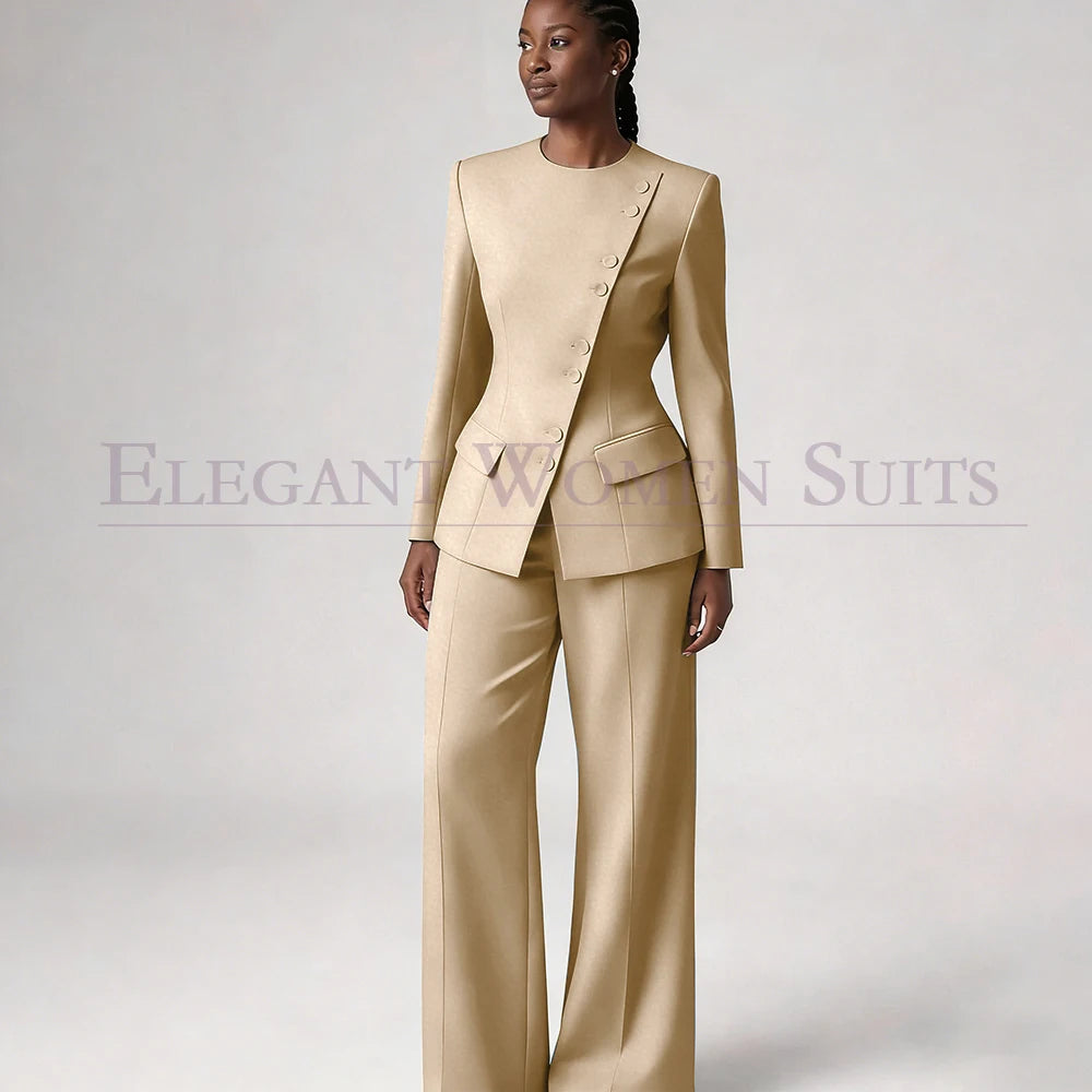 Single Breasted Women's Suits Blazer Luxury O-neck Regular Length 2 Piece LADYLYS