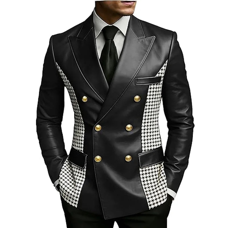 Leather Blazer With Houndstooth Sides Vintage Two-Tone Double Breasted LADYLYS