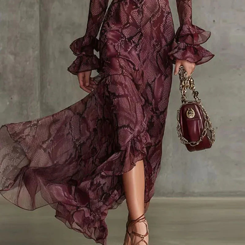 Retro Snake Print Evening Party Dresses Woman Elegant Spring Deep V Neck Ruffles Long LADYLYS