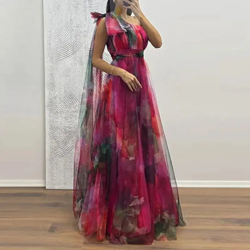 Sexy Slanted Neck Bow Tie Up Slim Long Dress Elegant Mesh Waist Banquet Dress LADYLYS