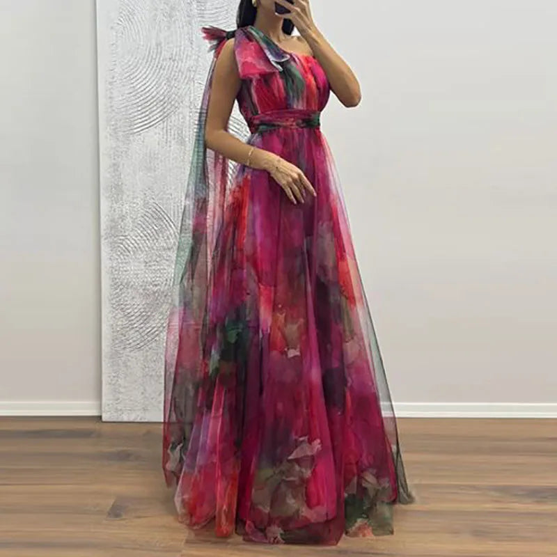 Sexy Slanted Neck Bow Tie Up Slim Long Dress Elegant Mesh Waist Banquet Dress LADYLYS