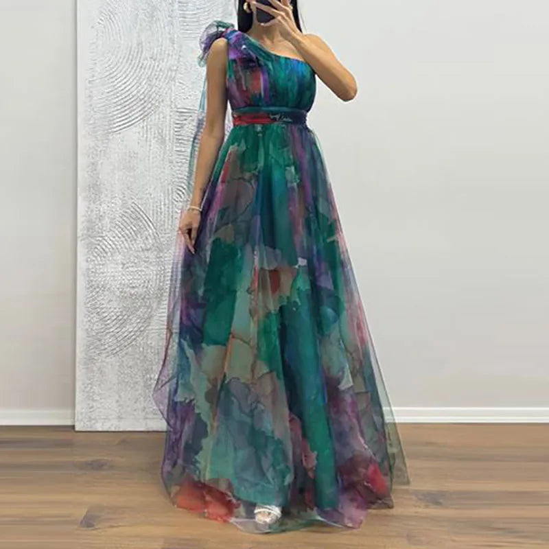 Sexy Slanted Neck Bow Tie Up Slim Long Dress Elegant Mesh Waist Banquet Dress LADYLYS