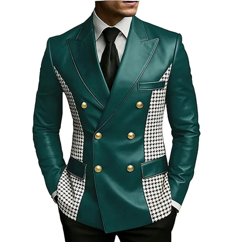 Leather Blazer With Houndstooth Sides Vintage Two-Tone Double Breasted LADYLYS
