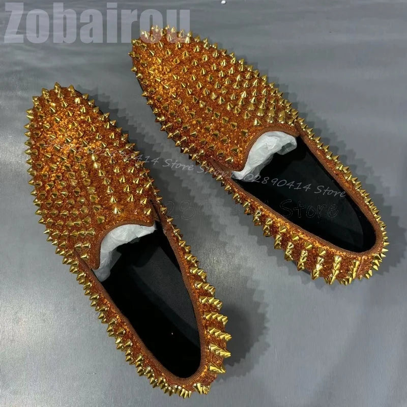 Mocassins bas à paillettes dorées pour hommes, chaussures à enfiler, de luxe, faites à la main