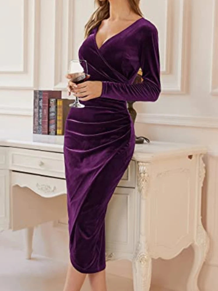 Robe mi-longue moulante en velours pour femmes, Sexy, fendue, froncée