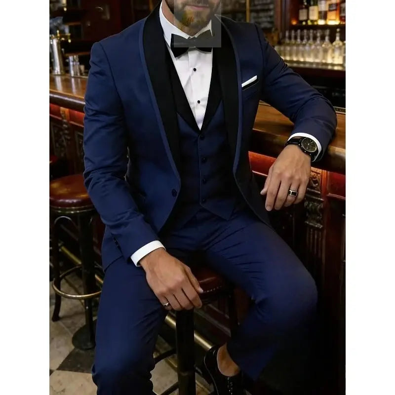 Men'S Blue Fruit Collar Three-Piece Formal Suit Set Shoulder-attached Collar Formal LADYLYS