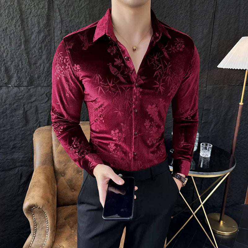 Chemise en velours de luxe pour hommes, Printemps Slim