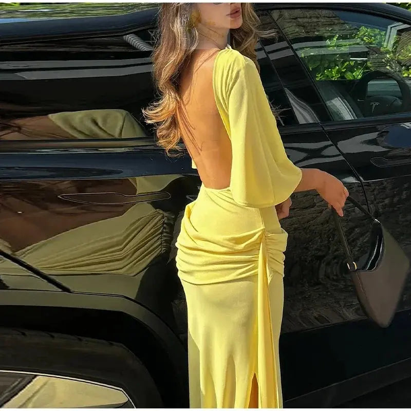 Sexy Backless Party Long Dress Women O-neck Slim Pleated Ribbon LADYLYS